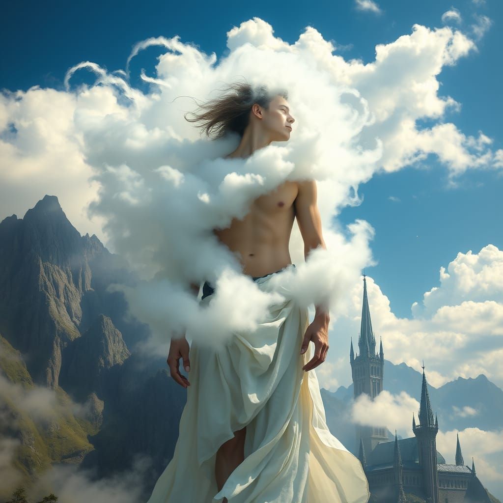 Ethereal Figure Enveloped by Whispy Clouds in a Dreamlike La...