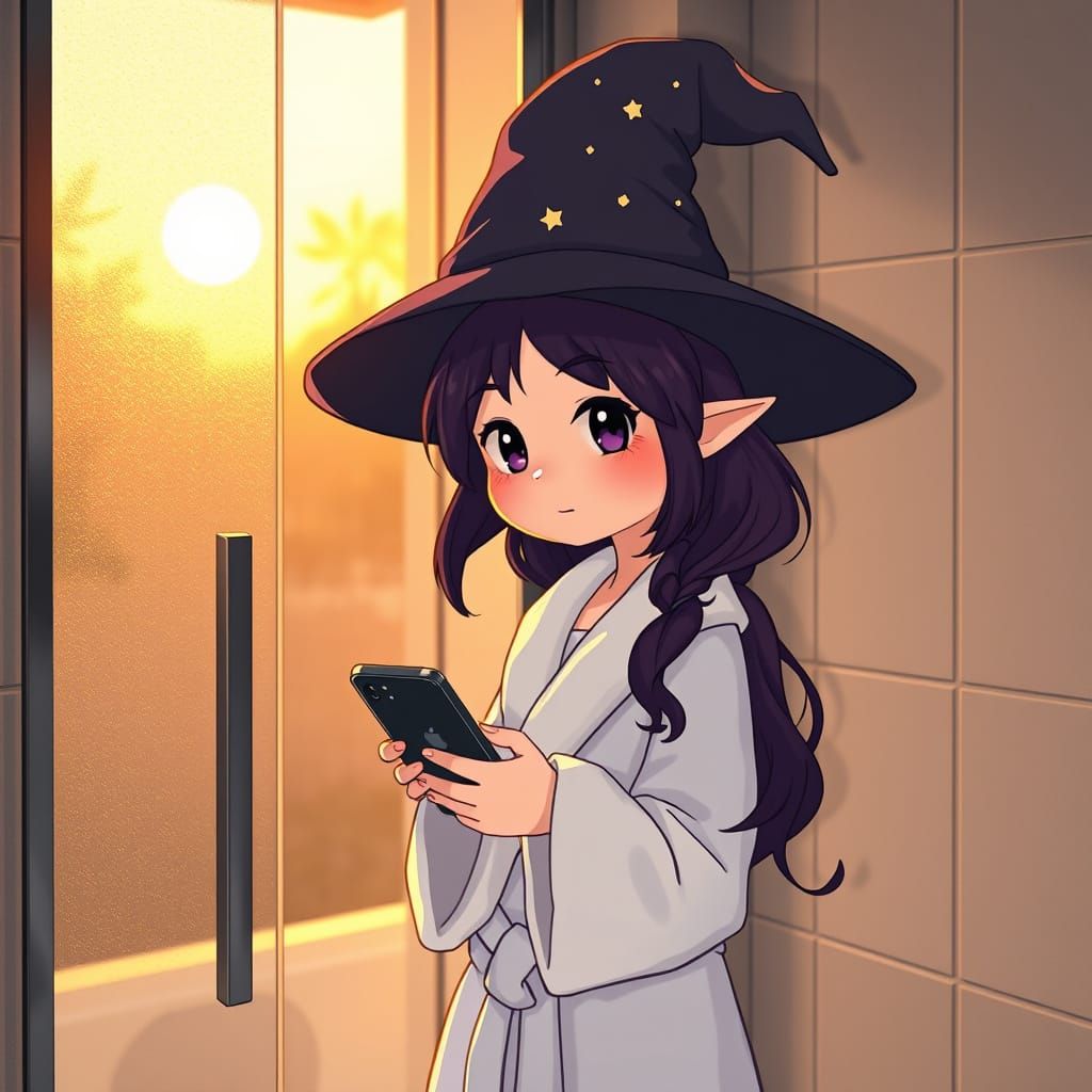 Whimsical Young Witch in Cozy Bathroom Setting