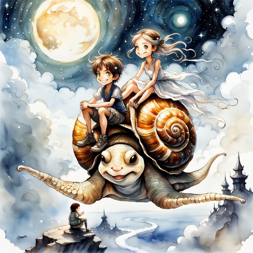 Children Ride Anime Snail in Watercolor Sky