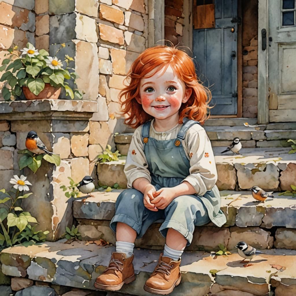 Cute Redhead and Chickadee: Children's Book Illustration