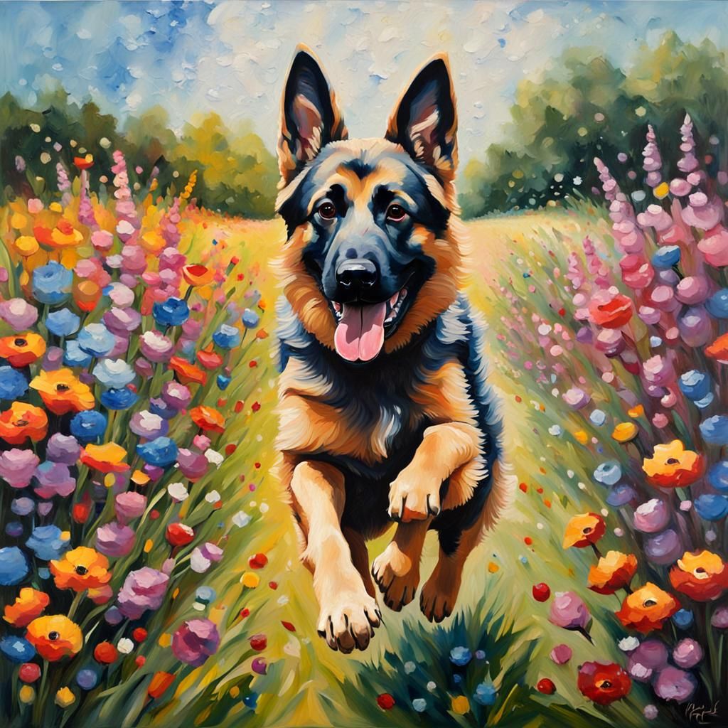 German Shepherd Joyfully Runs Through Flower Field