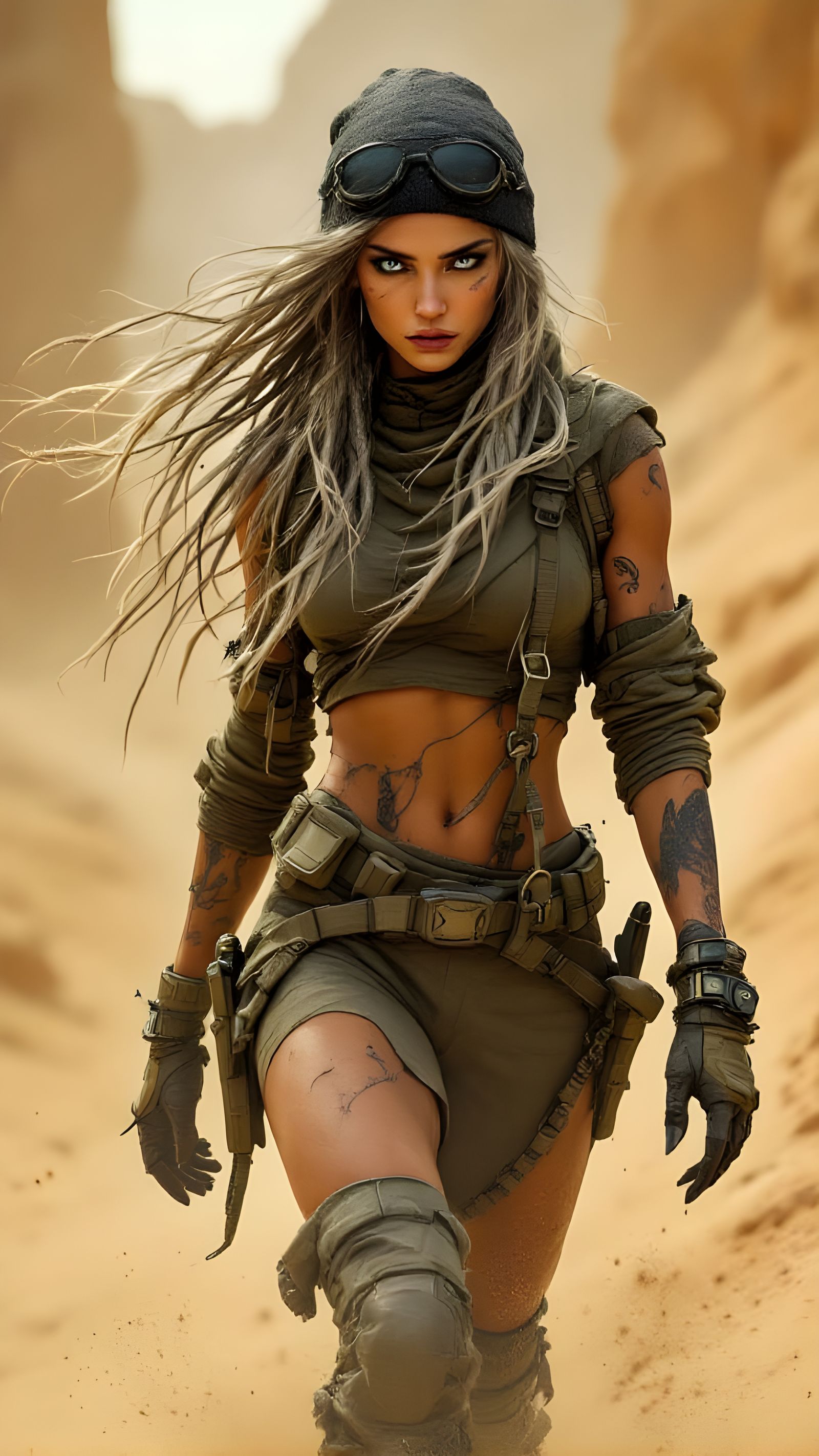 Warrior Emerges from Post-Apocalyptic Sands in Cyberpunk Sty...