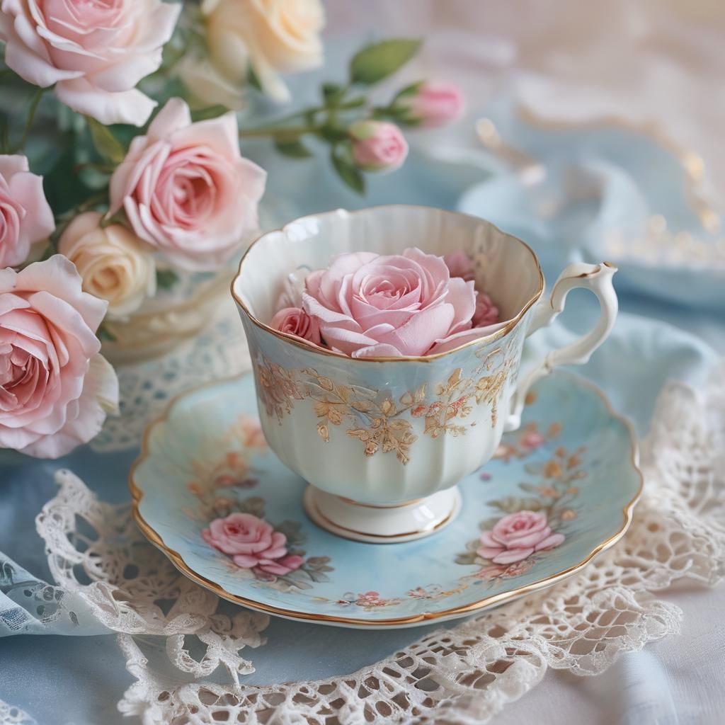 Watercolor Teacup with Roses on Lace