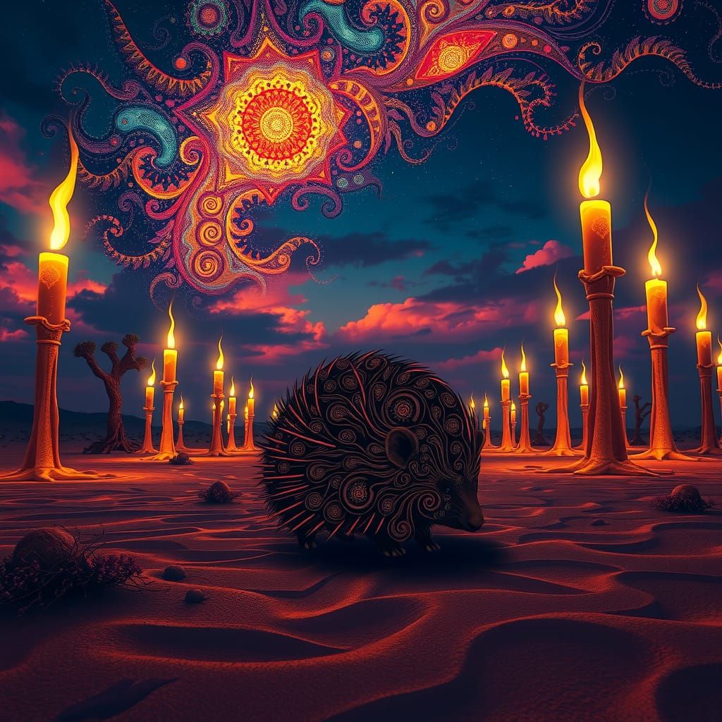 Psychedelic Porcupine in Surreal Desert Landscape