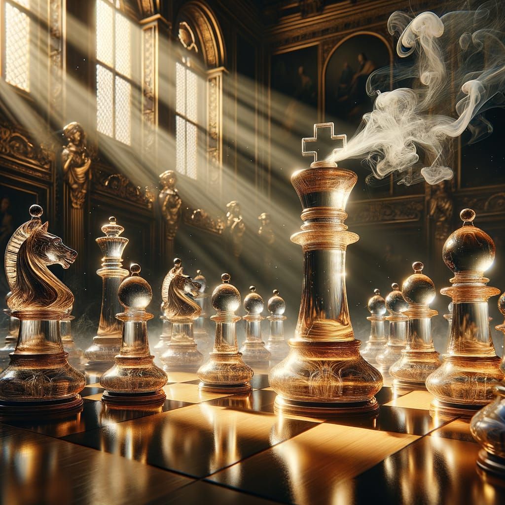 Golden Chessboard with Glass Pieces & Liquid Splash