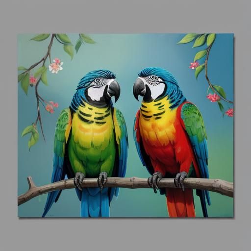Colorful Parrots on Branch, Oil Painting