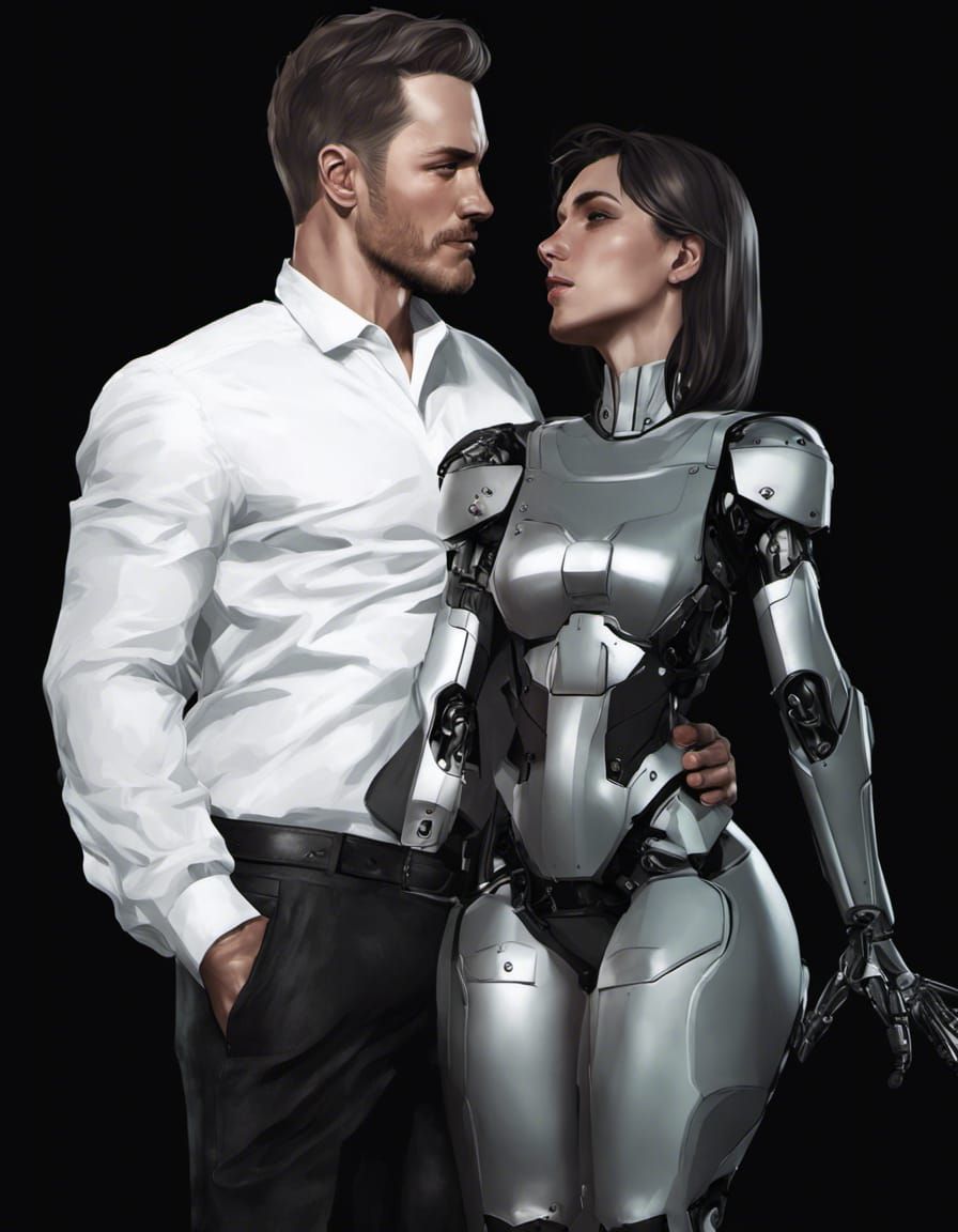 Romantic Kiss Between Man and Robot
