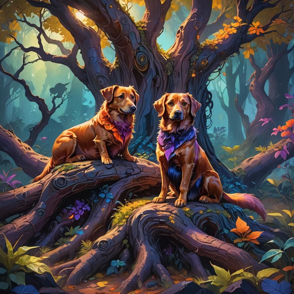 Fantasy Dachshunds in Mystical Forest Concept Art