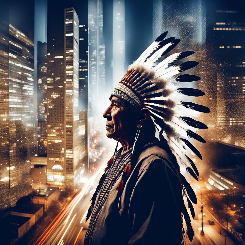 Double exposure. Through the screen silhony in the profile of the leader of American Indians in a traditional main dress...