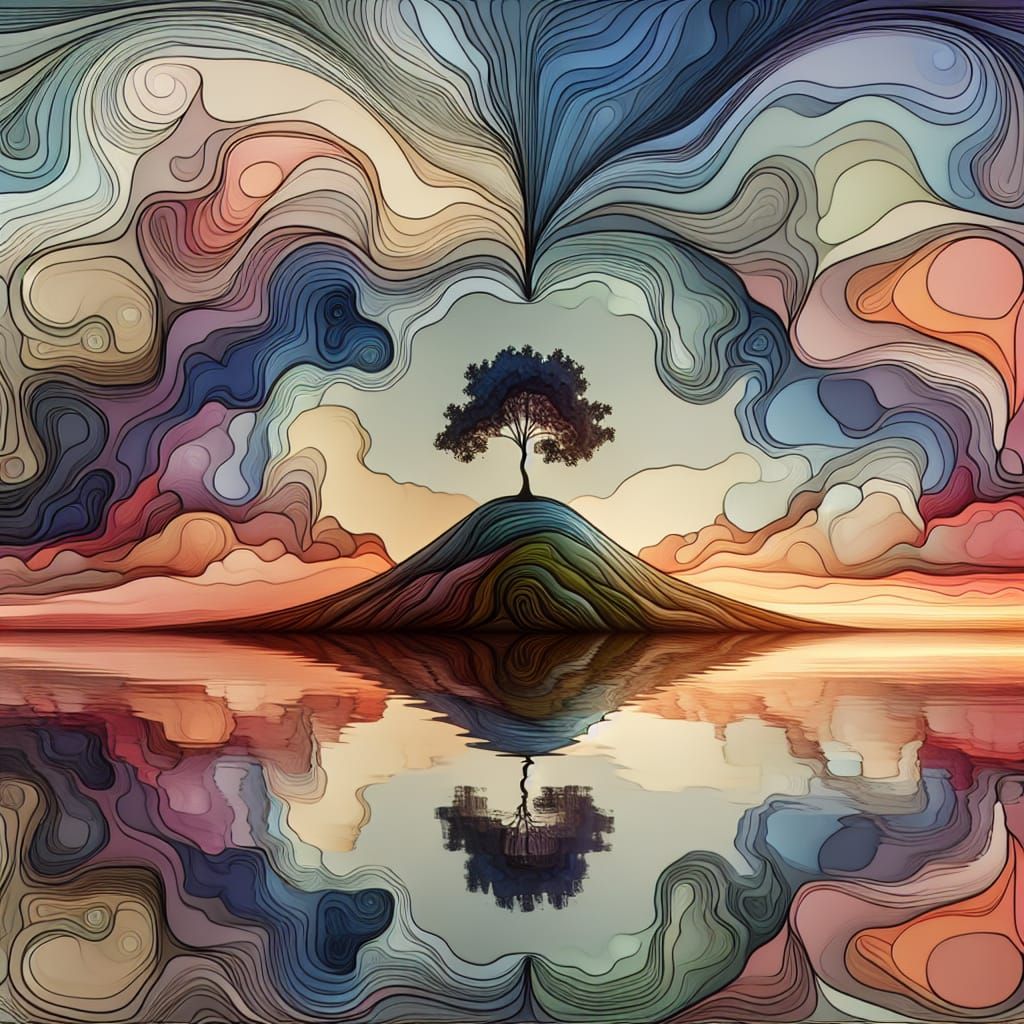 Silhouette Tree in Lake with Zentangle and Ink