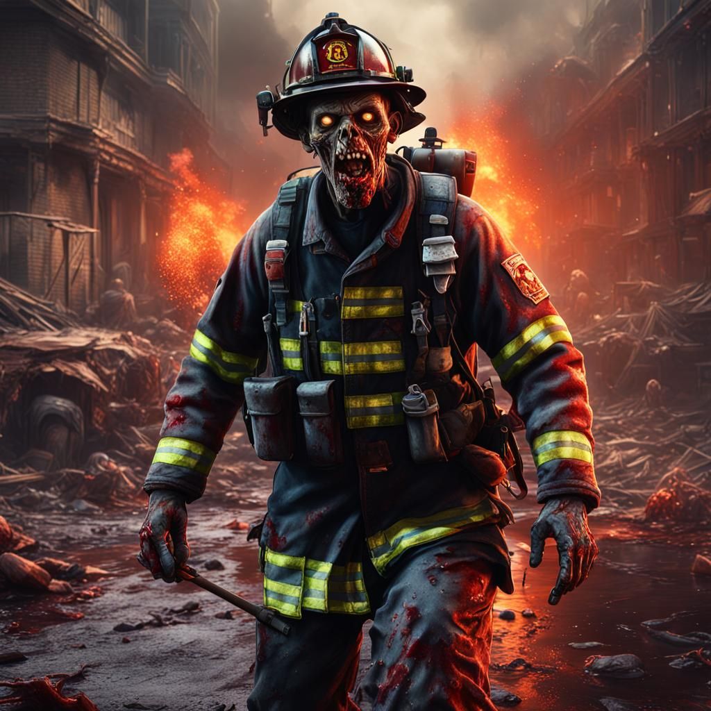 Detailed Zombie Firefighter Concept Art in 8K
