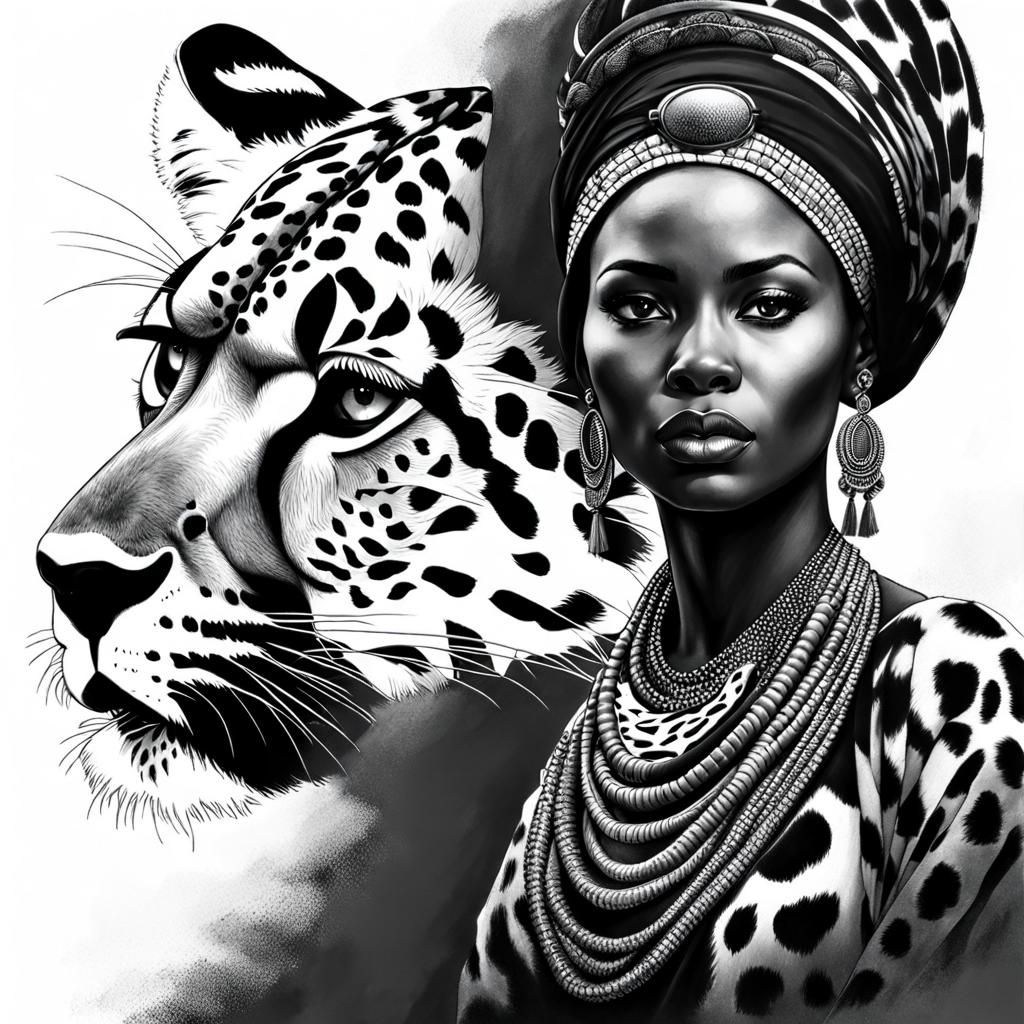 Masai Woman and Cheetah Double Exposure Sketch