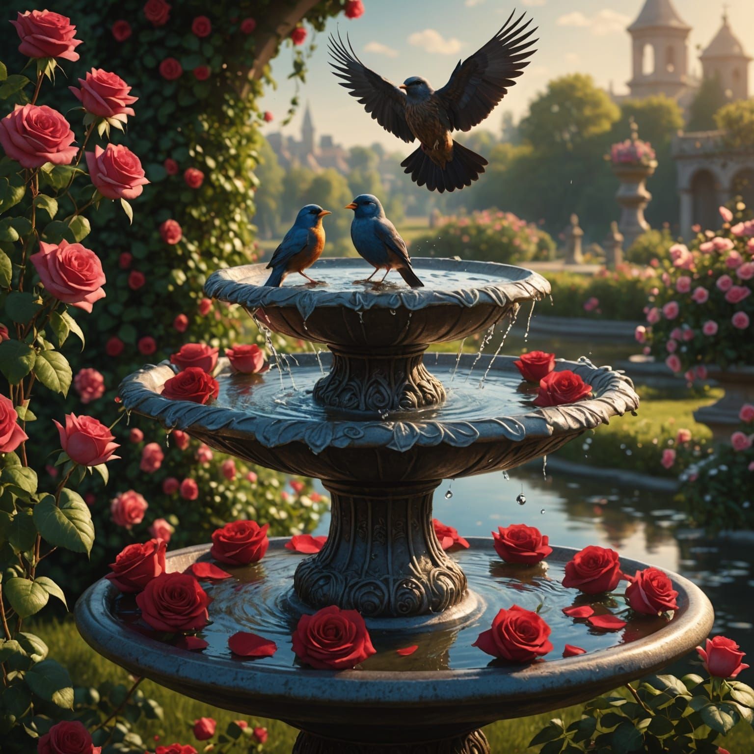 Birds Bathing in Roses: Detailed Matte Painting