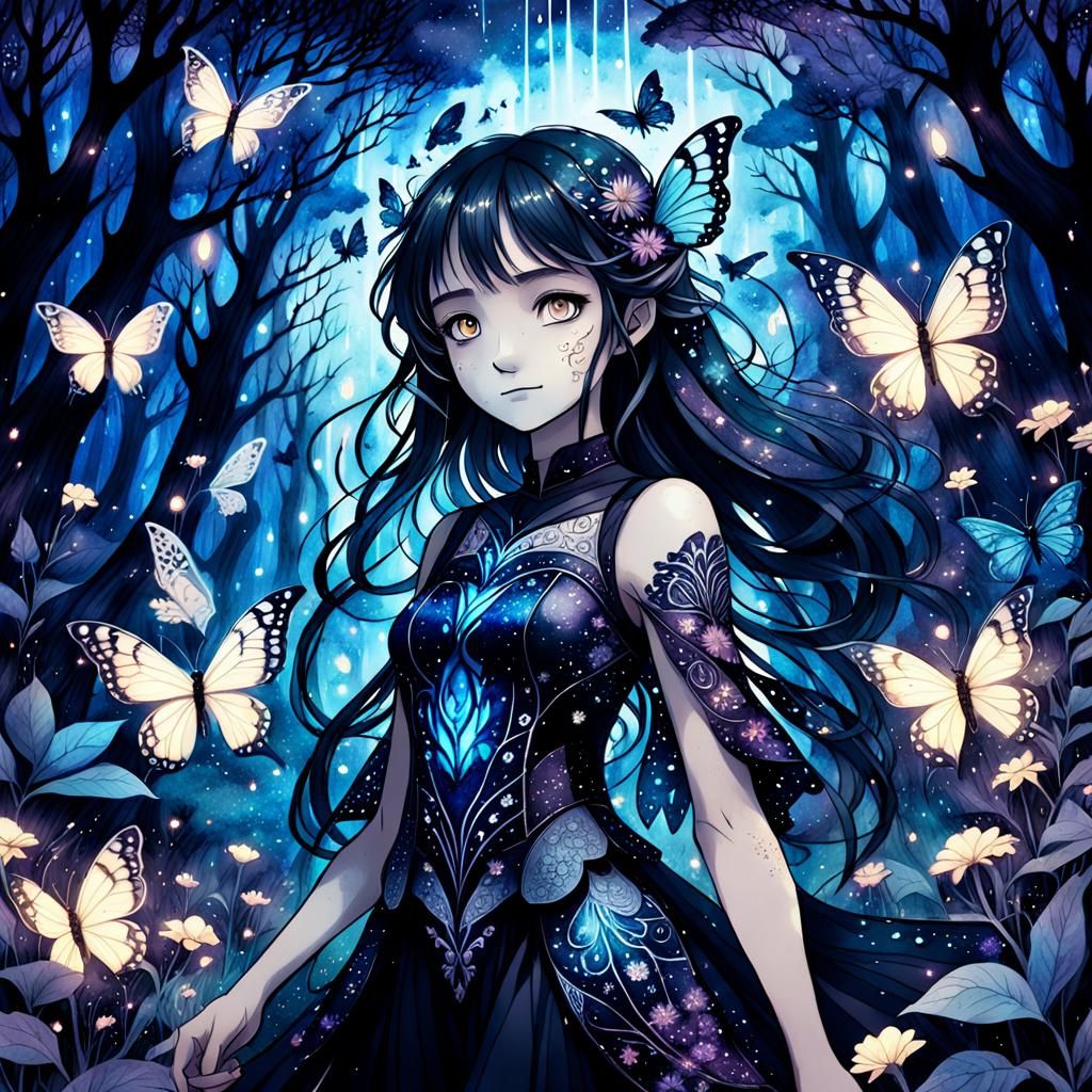 Anime Goddess in Dark Forest, Ink Wash Style