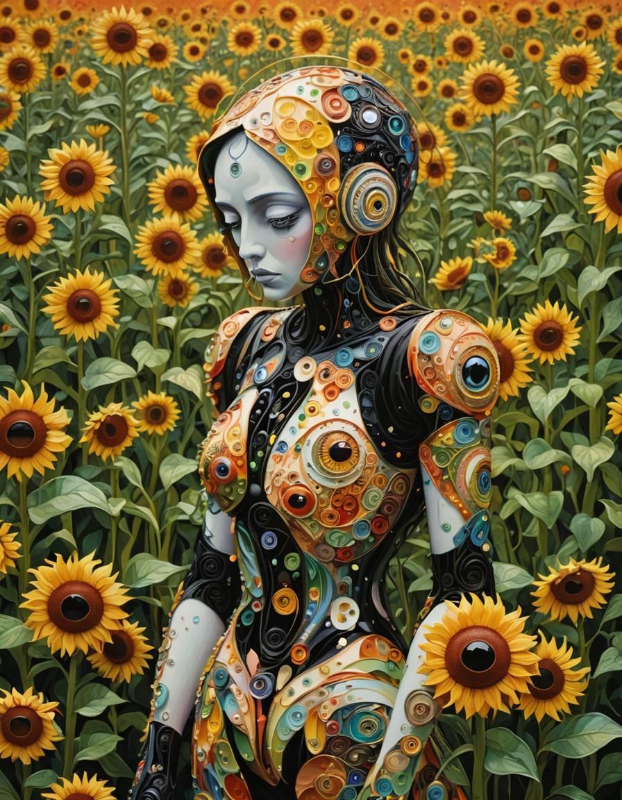 psychedelic creature standing crying, surrealistic, palette knife painting, swirly sky, moon, warm colors, starry sky, v...