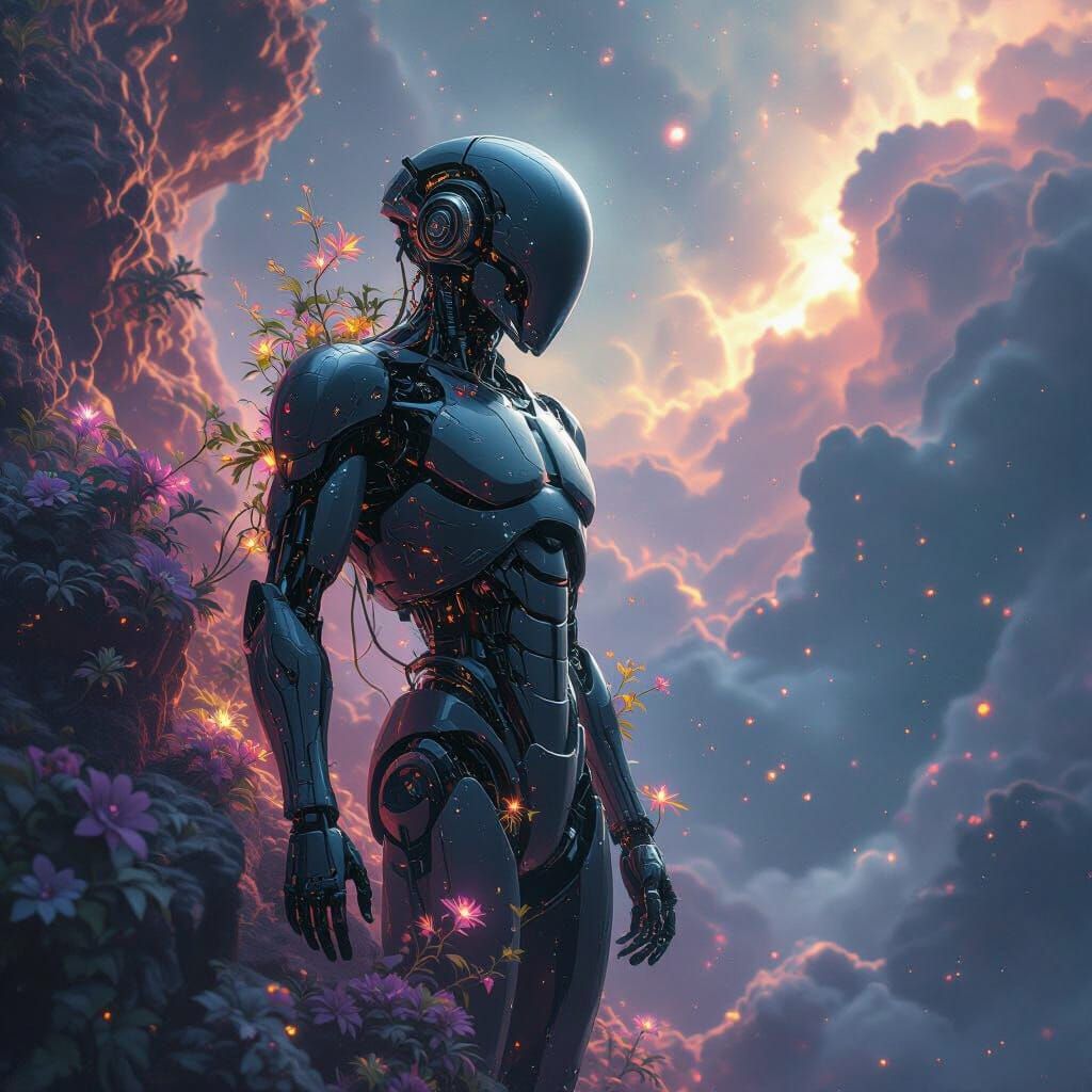 Ornate Cyborg Drifting Through Cosmic Nebulae