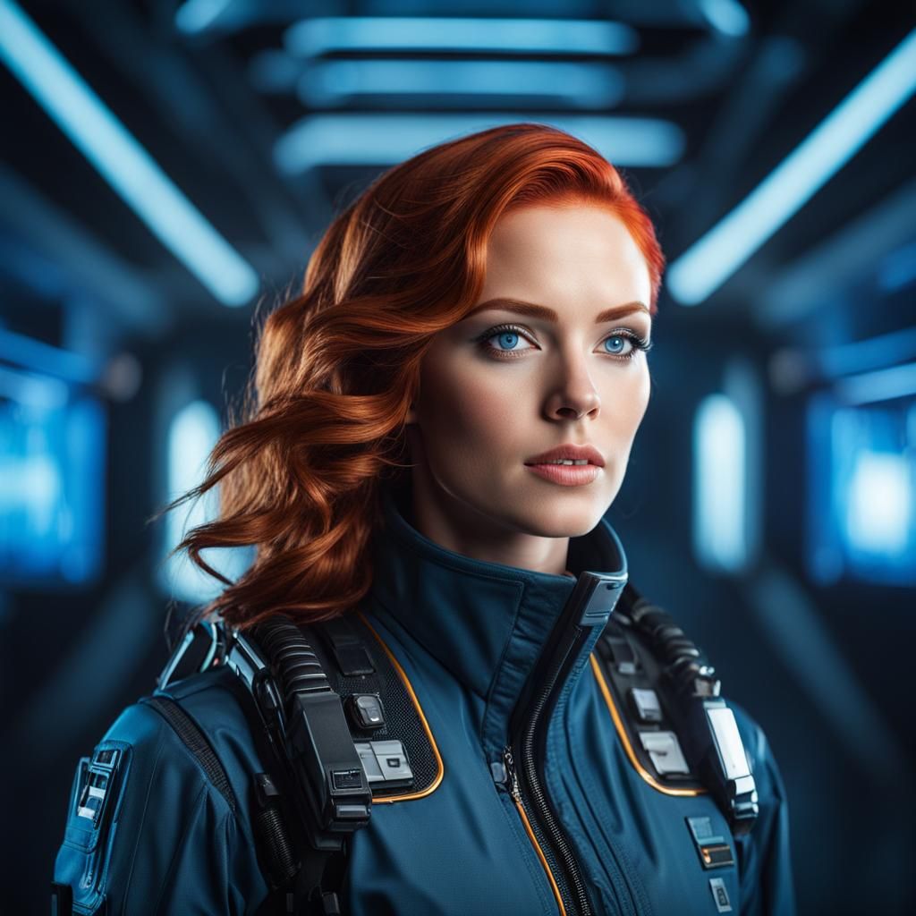 Red-Haired Woman in High-Tech Flight Suit Portrait