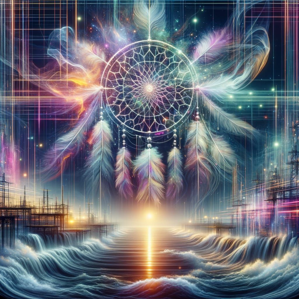 Waterfall Dreamcatcher Double Exposure in Cyberpunk Style