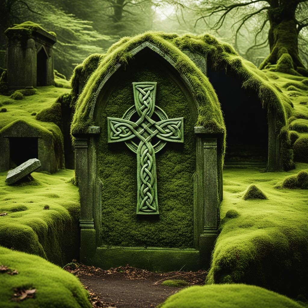 Moss-Covered Celtic Grave: Cinematic Film Still