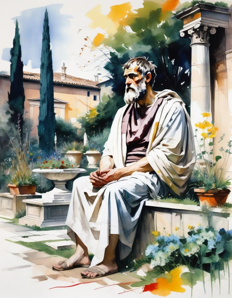 Ancient Philosopher Ponders with Pupil in Idyllic Roman Gard...