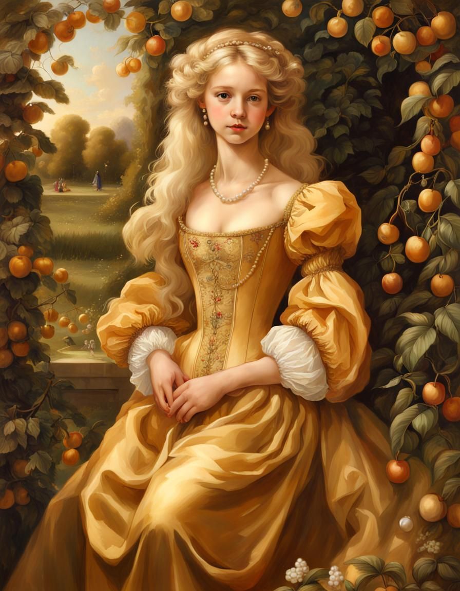 Renaissance Girl in Golden Dress in Cherry Garden