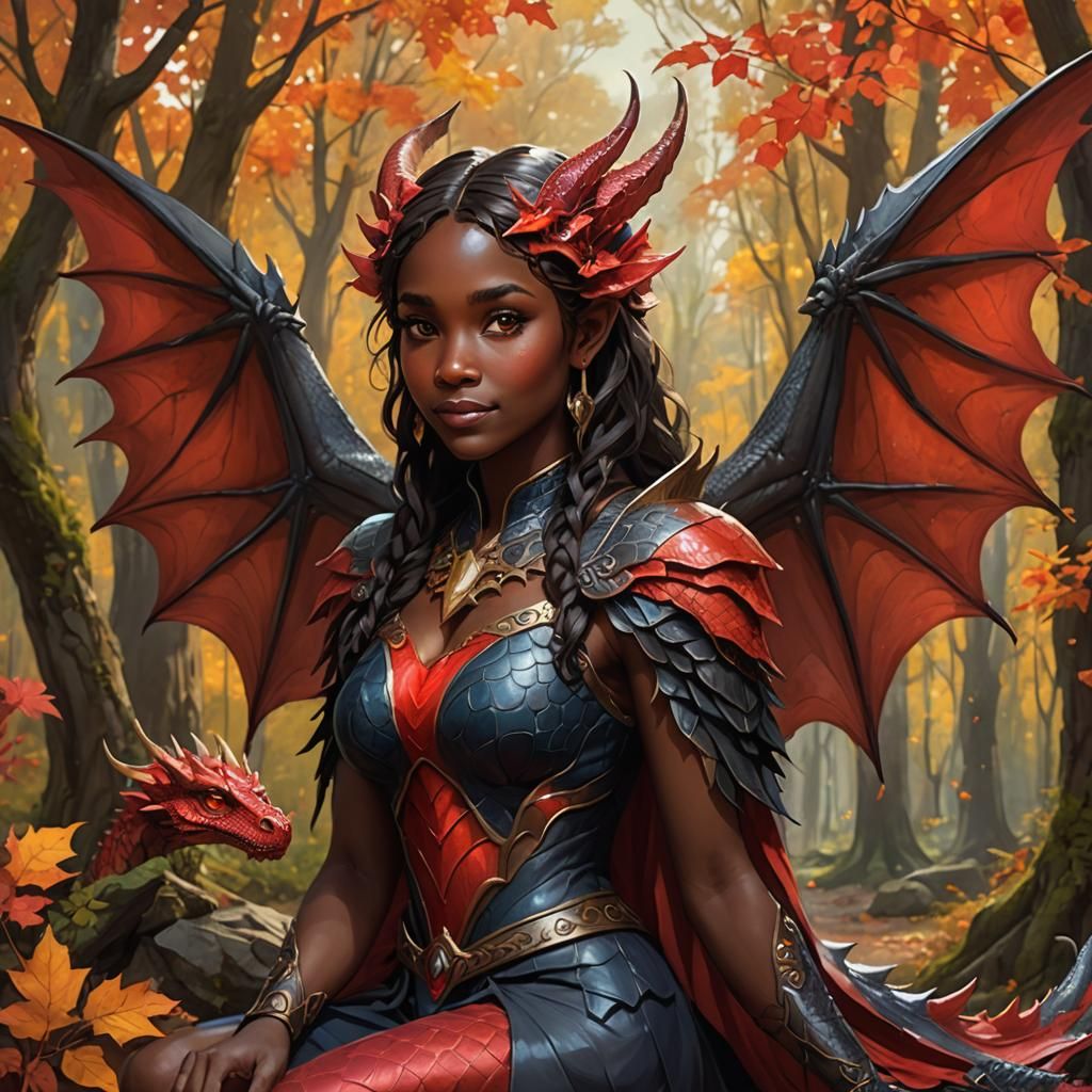 Dragon-Winged Fairy with Red Dragon in Autumn Forest