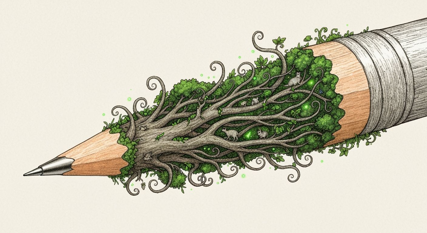 Mechanical Pencil Transforms Into Living Forest Illustration