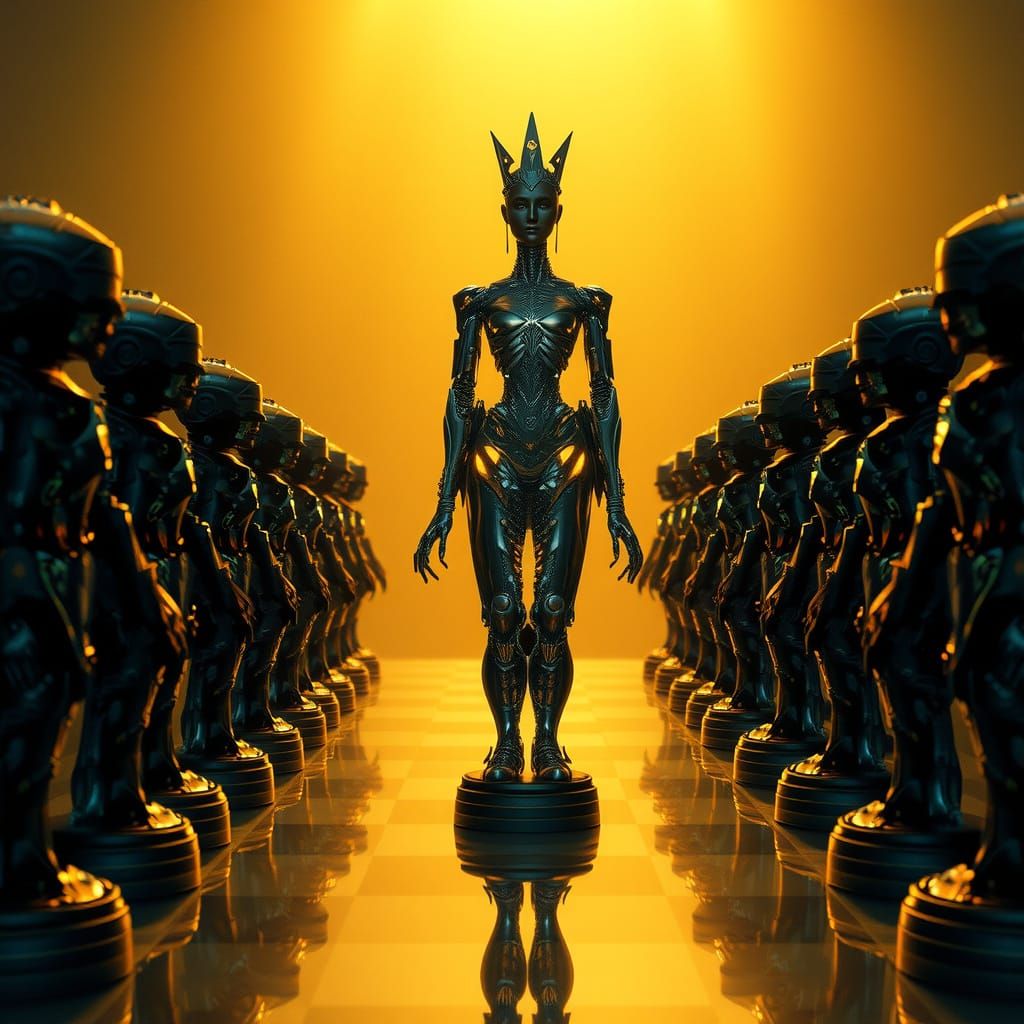 Cyborg Queen Surrenders on a Golden Chess Board