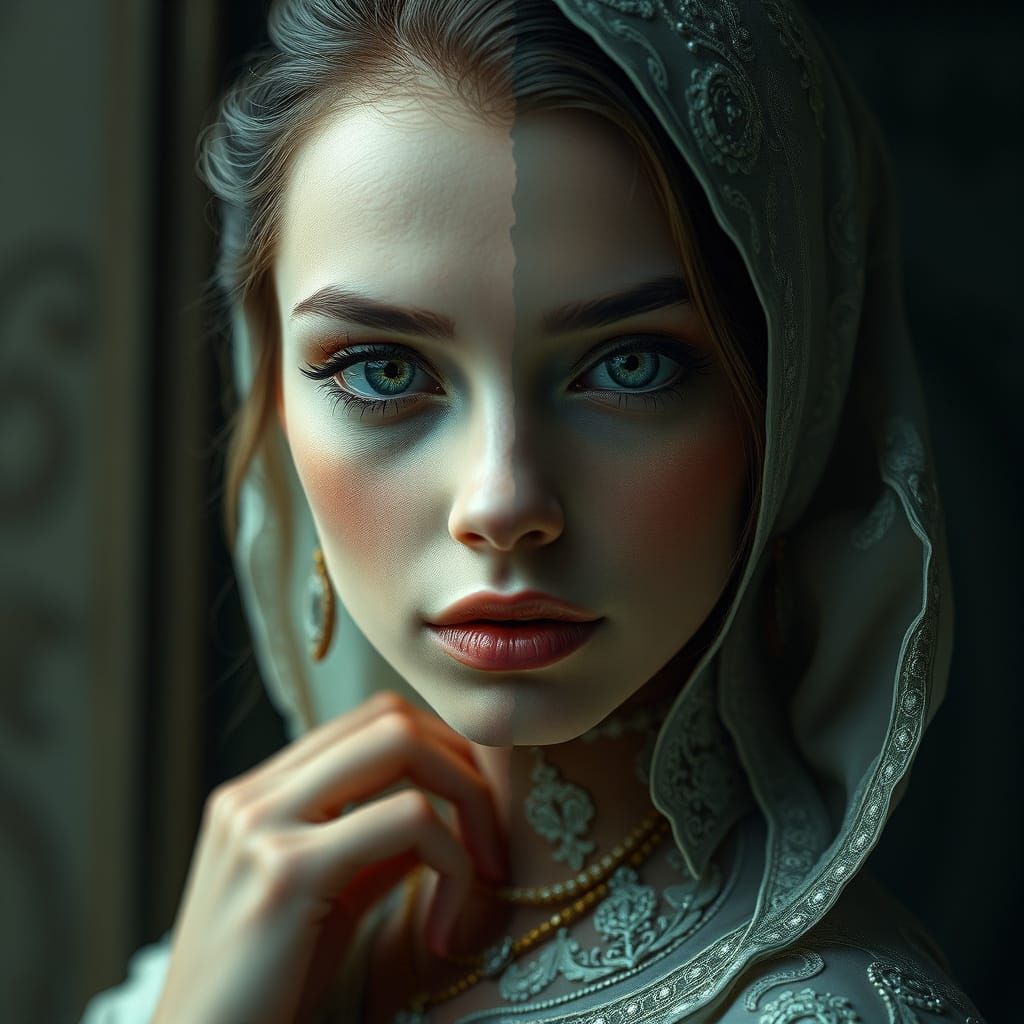 Hyperrealistic Portrait of a Beautiful Woman Cut in Half