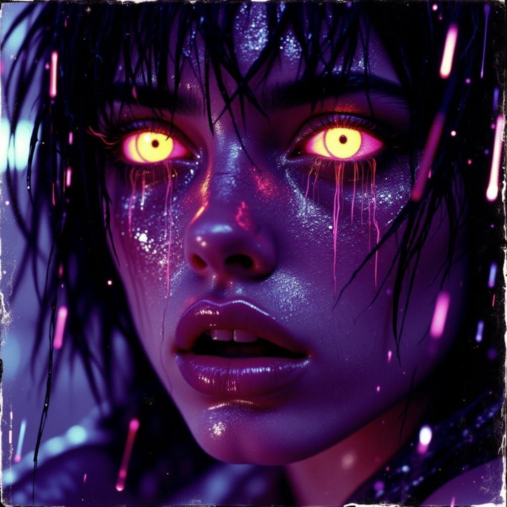 Rain-Soaked Noir Portrait with Glowing Violet Eyes