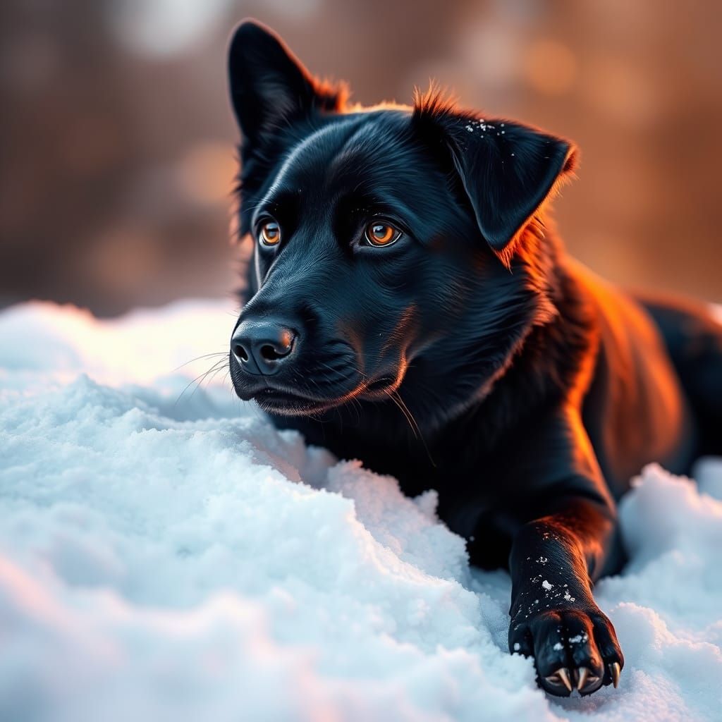 Adorable Black Dog in Snow, Hyperrealistic Splash Art