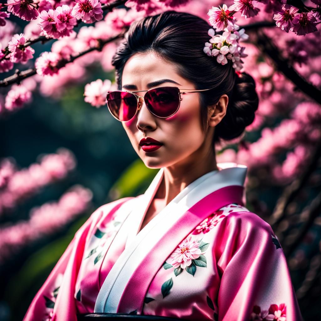 Japanese Woman in Kimono with Blossoms: Film Noir