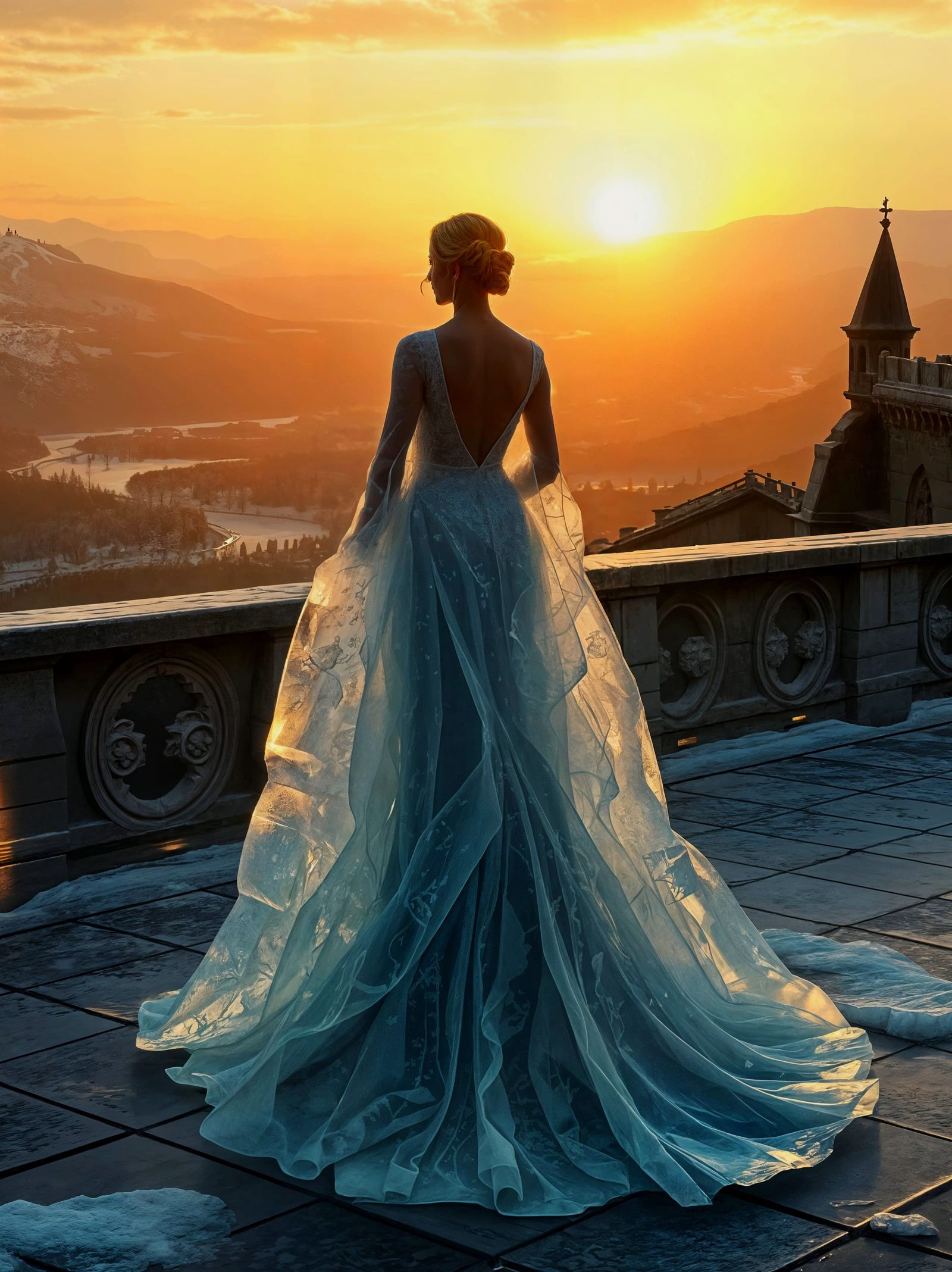 Ice Woman on Castle Terrace at Sunrise