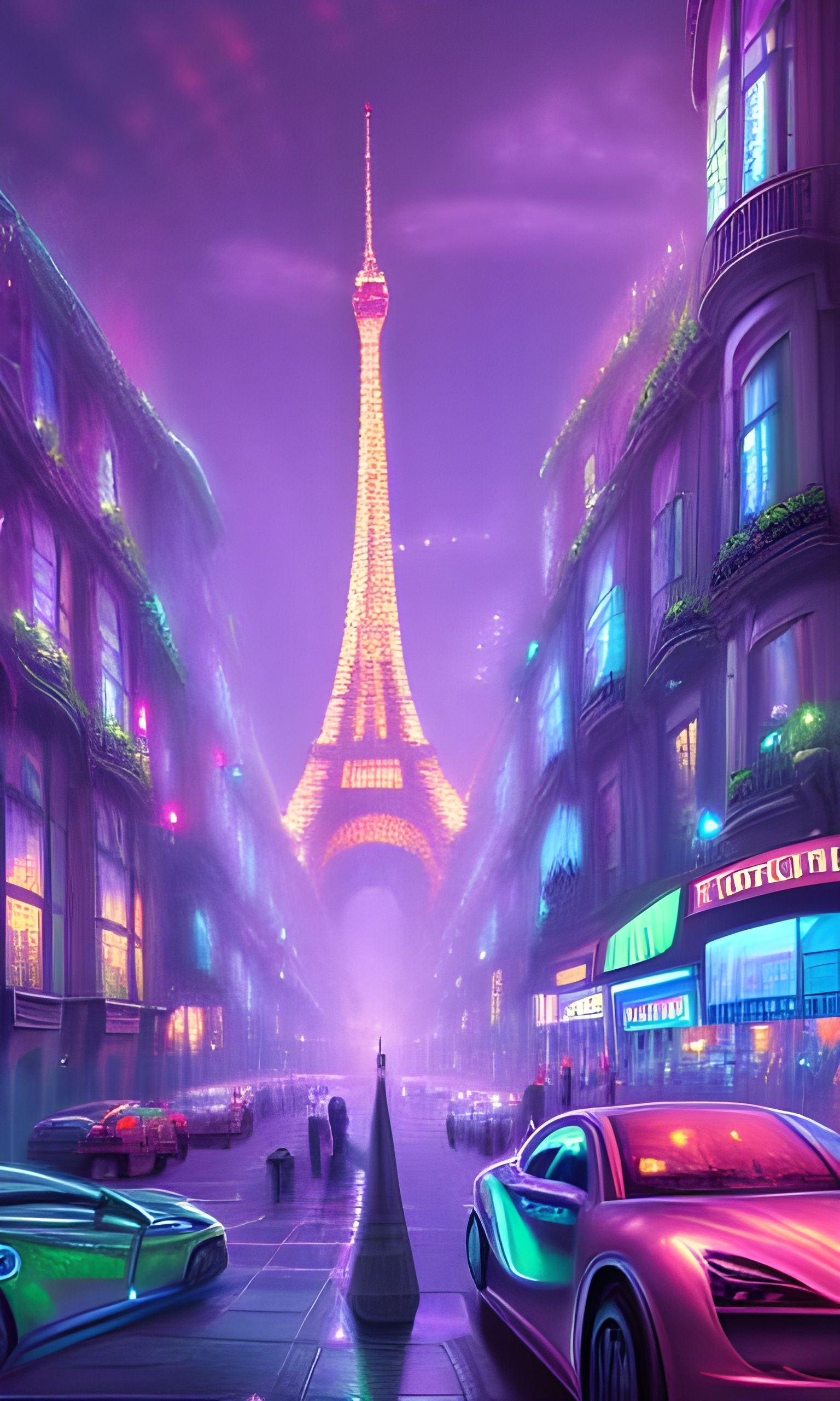 Futuristic Paris Cityscape with Neon and Lasers