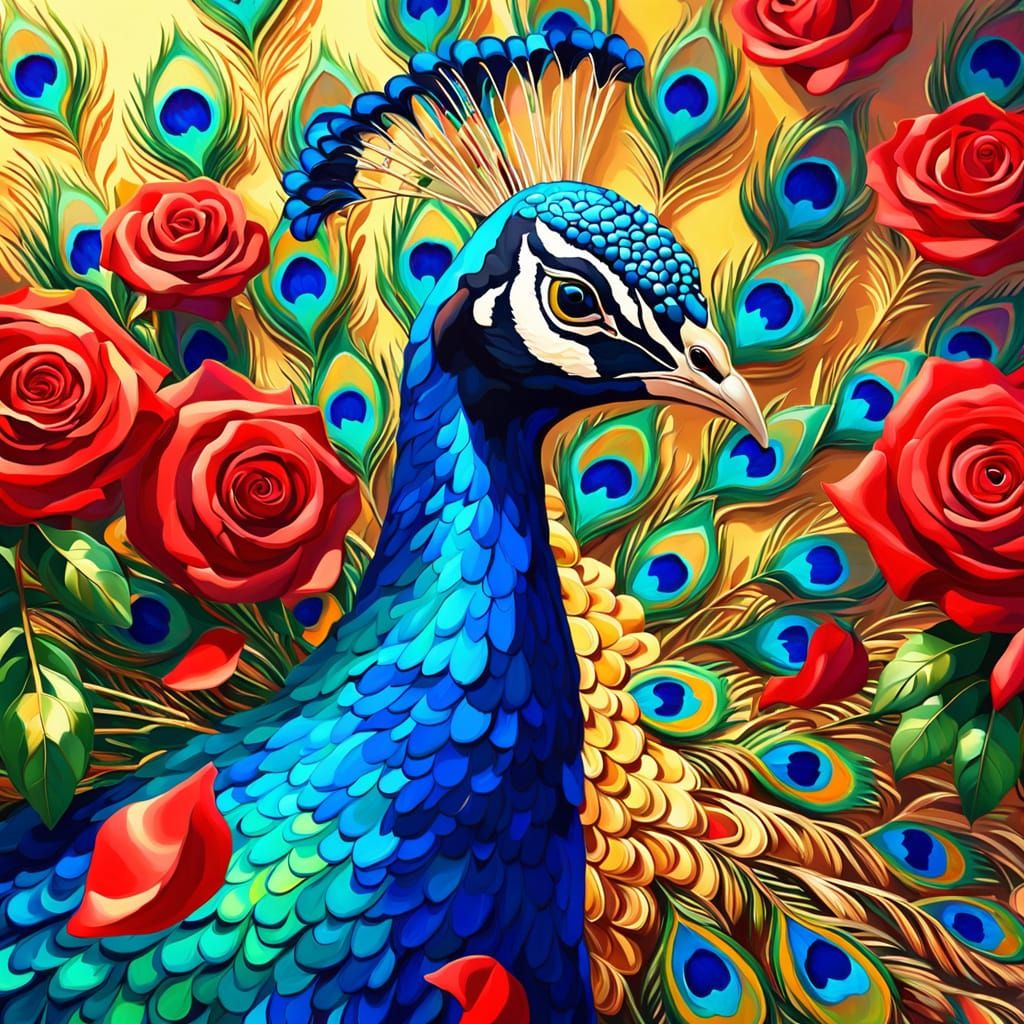 Peacock Strutting on Red Roses in Fauvist Oil Painting