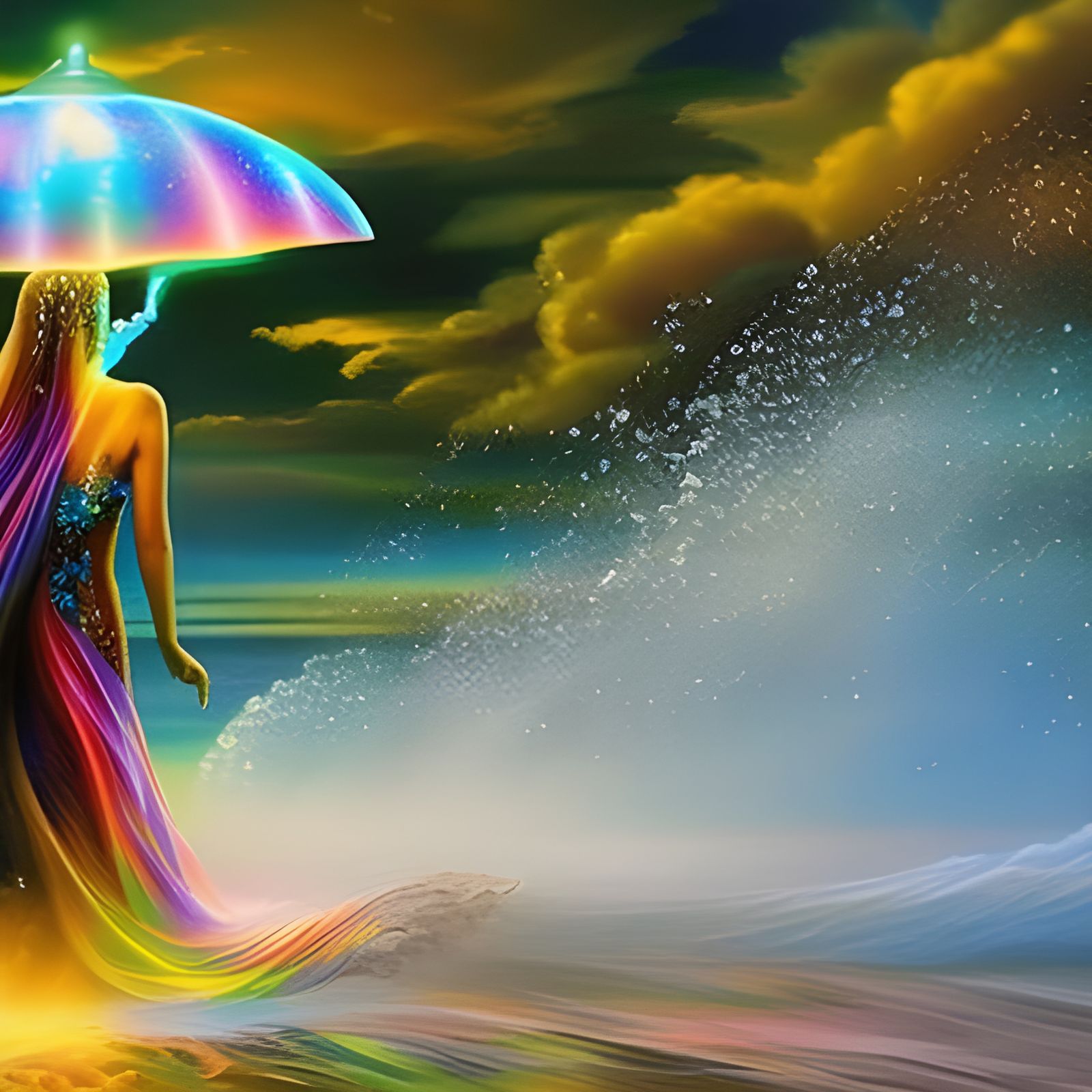 Neon Storm Goddess on Tropical Beach, Digital Art