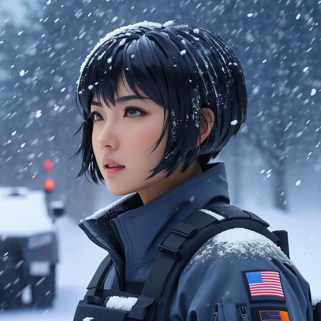 Cyberpunk Soldier Anime Woman Faces Snowstorm in 8k Resoluti...