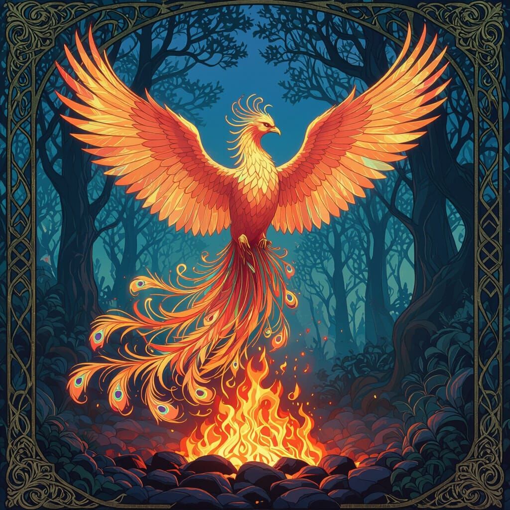 Phoenix Rising in Art Nouveau Style