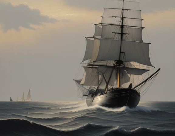 Raw Charcoal Sketch of Tall Ship at Golden Hour