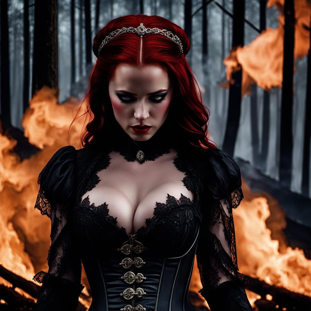 Redhead Vampire Crying in Raging Forest Fire
