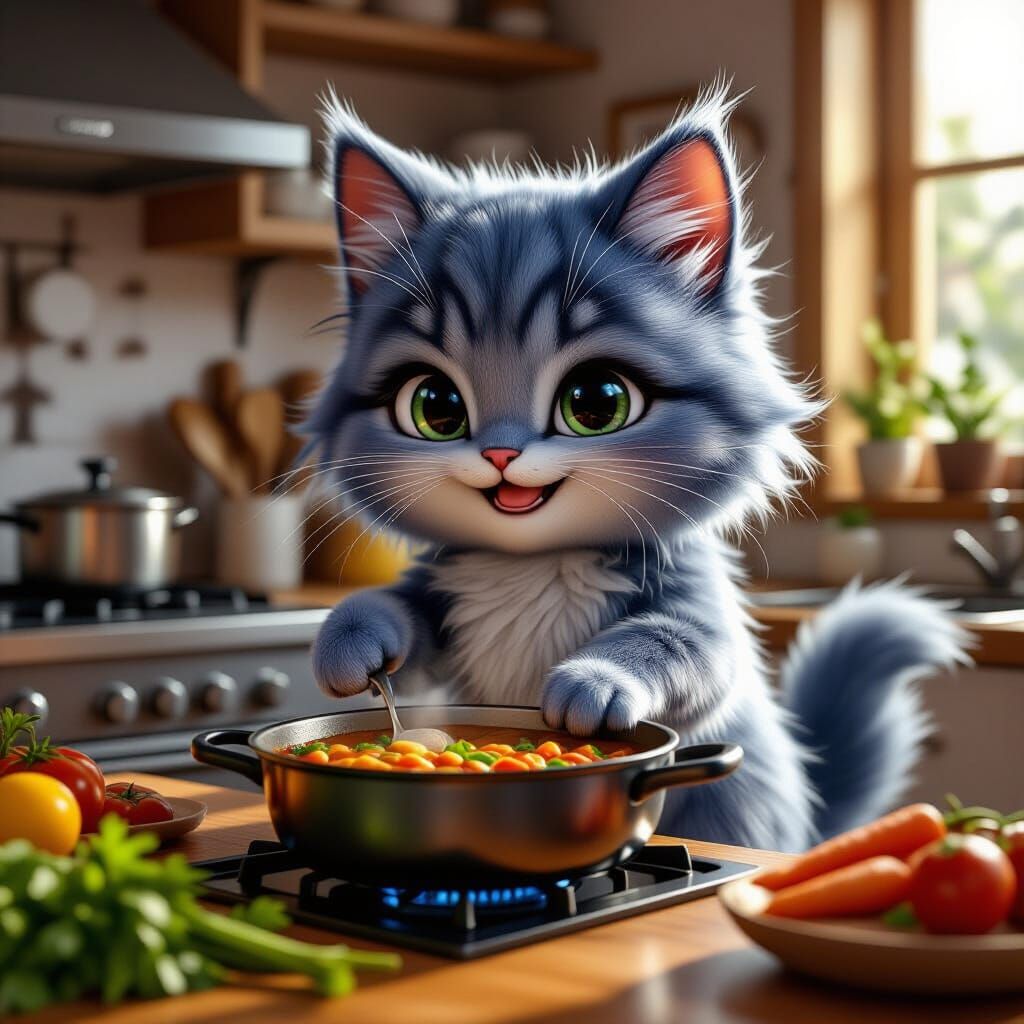 Chibi Cat Chef Cooking Stew in Sunlit Kitchen
