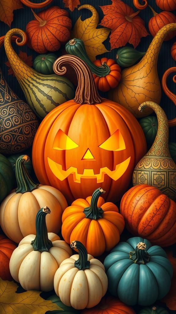 Ornate Gourds and Jack-o'-Lantern in Art Nouveau Style