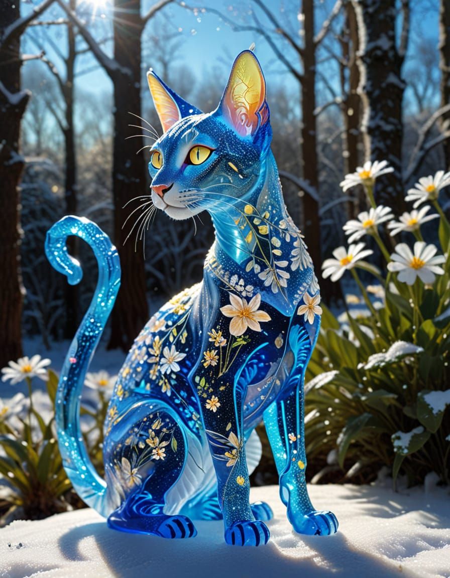 Luminescent Crystal Cat Sculpture in Winter Forest