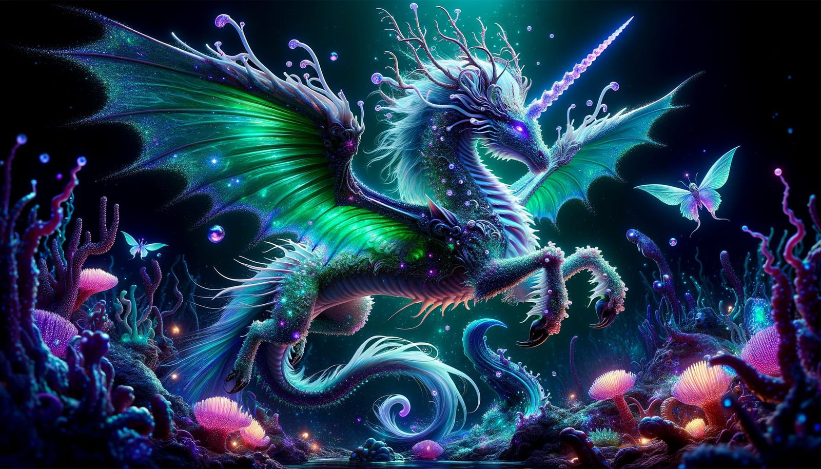 Bioluminescent Dragon-Unicorn Hybrid Undersea Fantasy