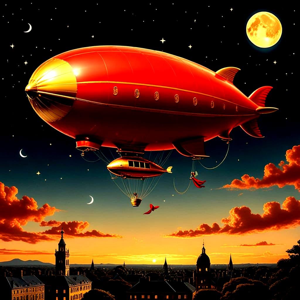 The red golden blimp flies over the town