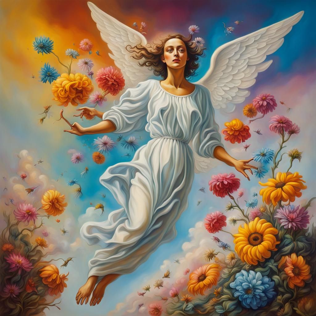 Angel Flying Over Flowers in Salvador Dali Surrealism