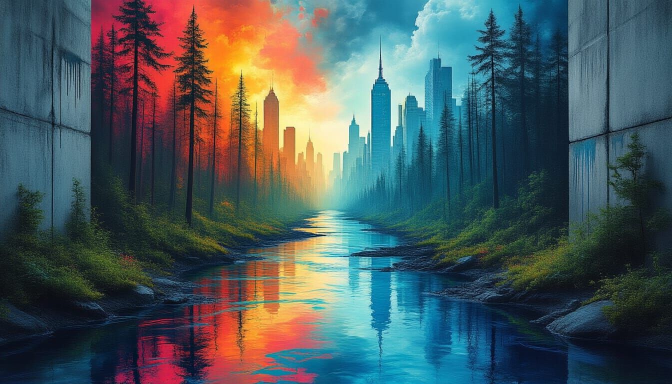 Surreal Nature vs. City Collage in Abstract Style