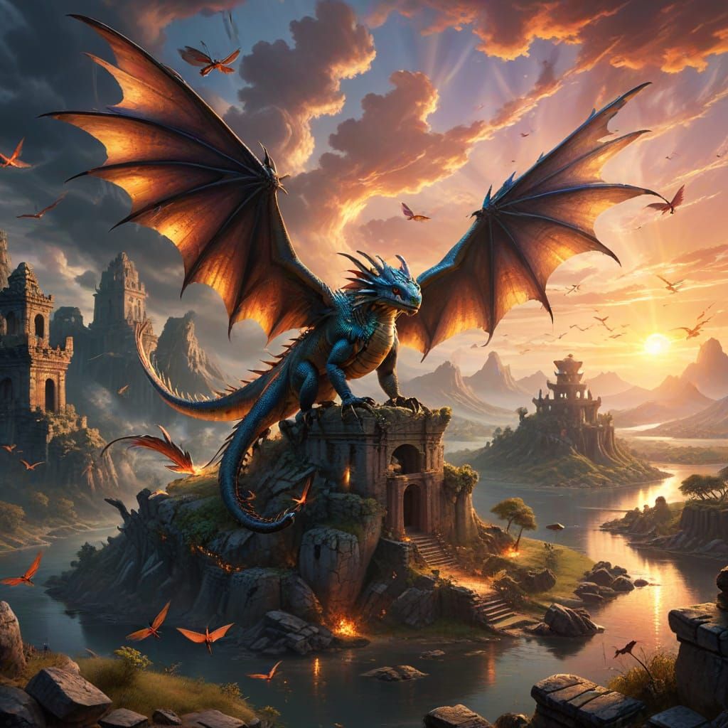 Majestic Dragon Over Fantasy Landscape in Oil Painting Style