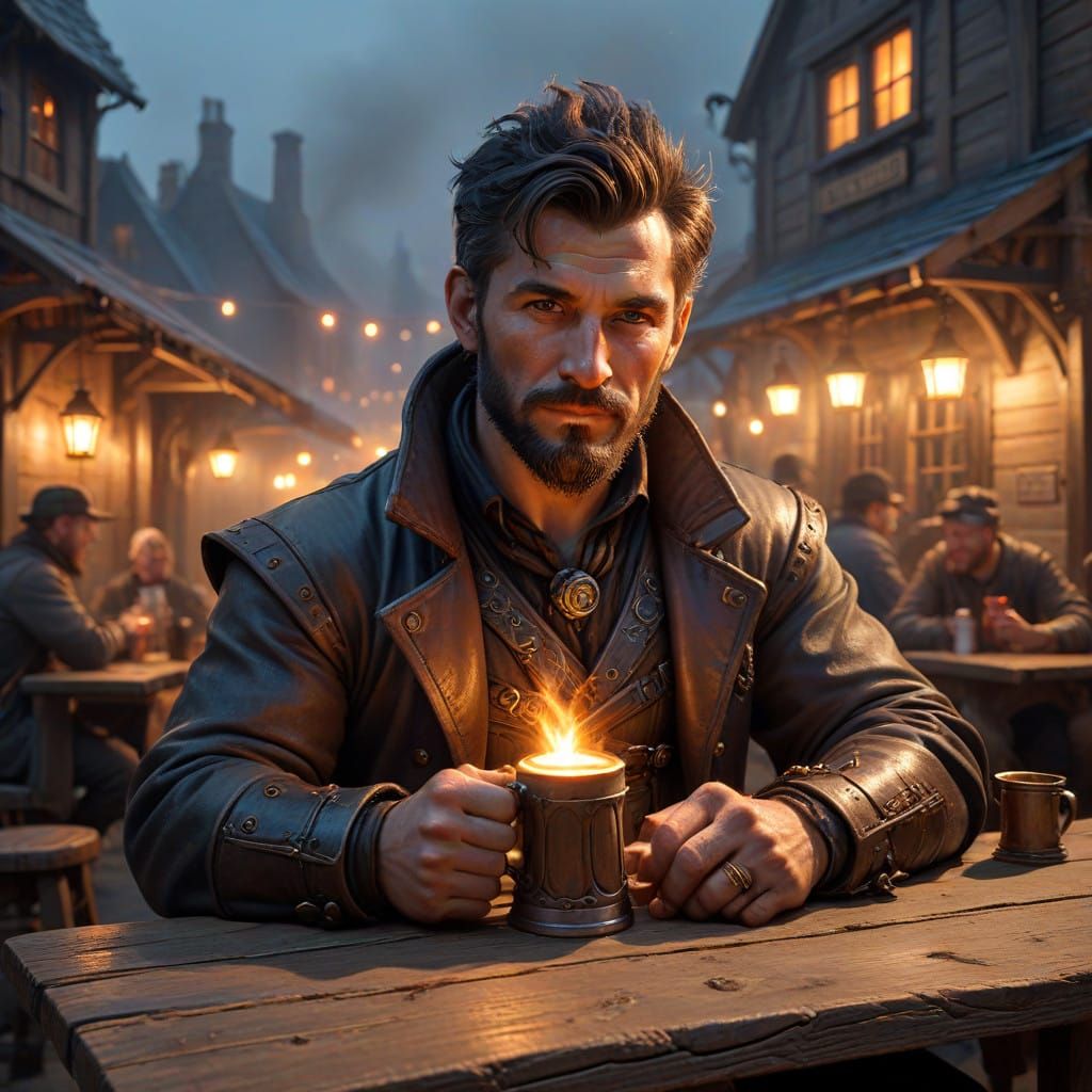 Man in Steampunk Tavern Setting
