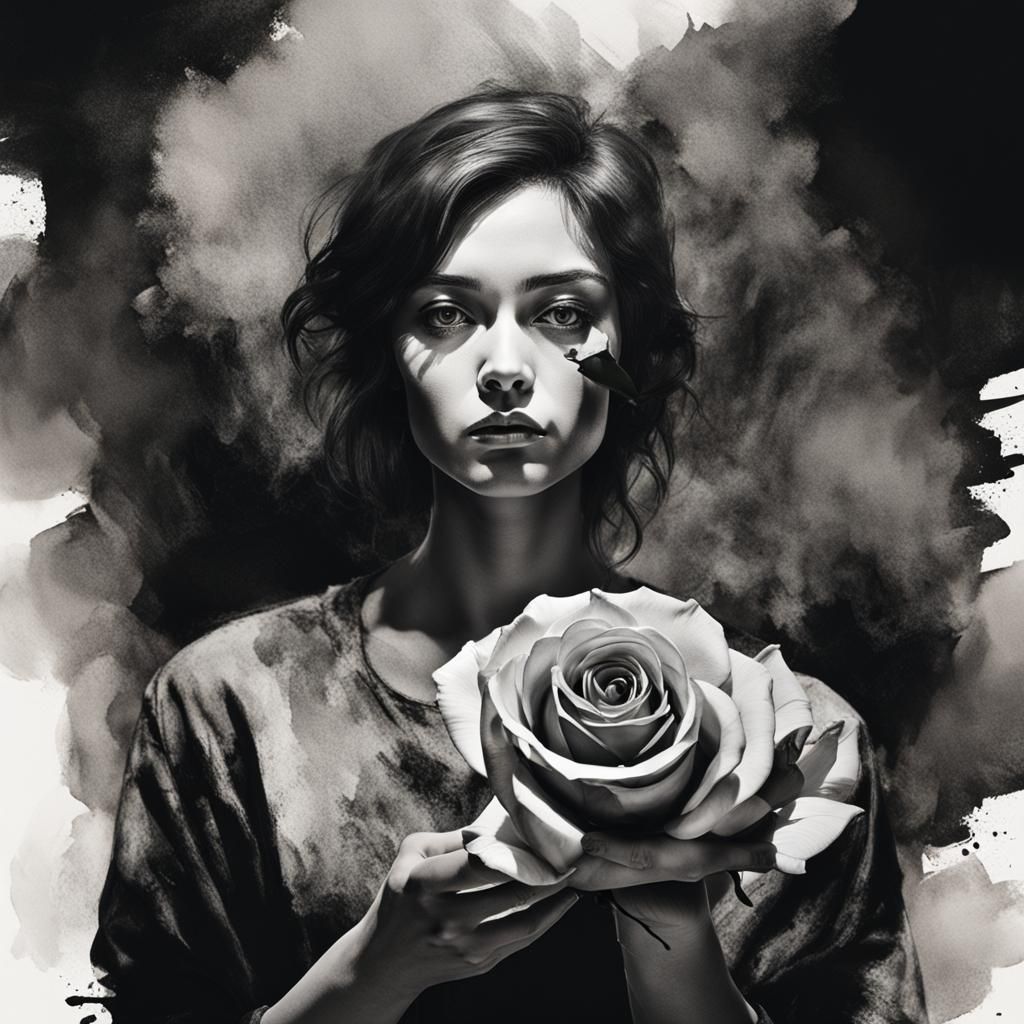 Woman with Rose: Dramatic Black and White Portrait